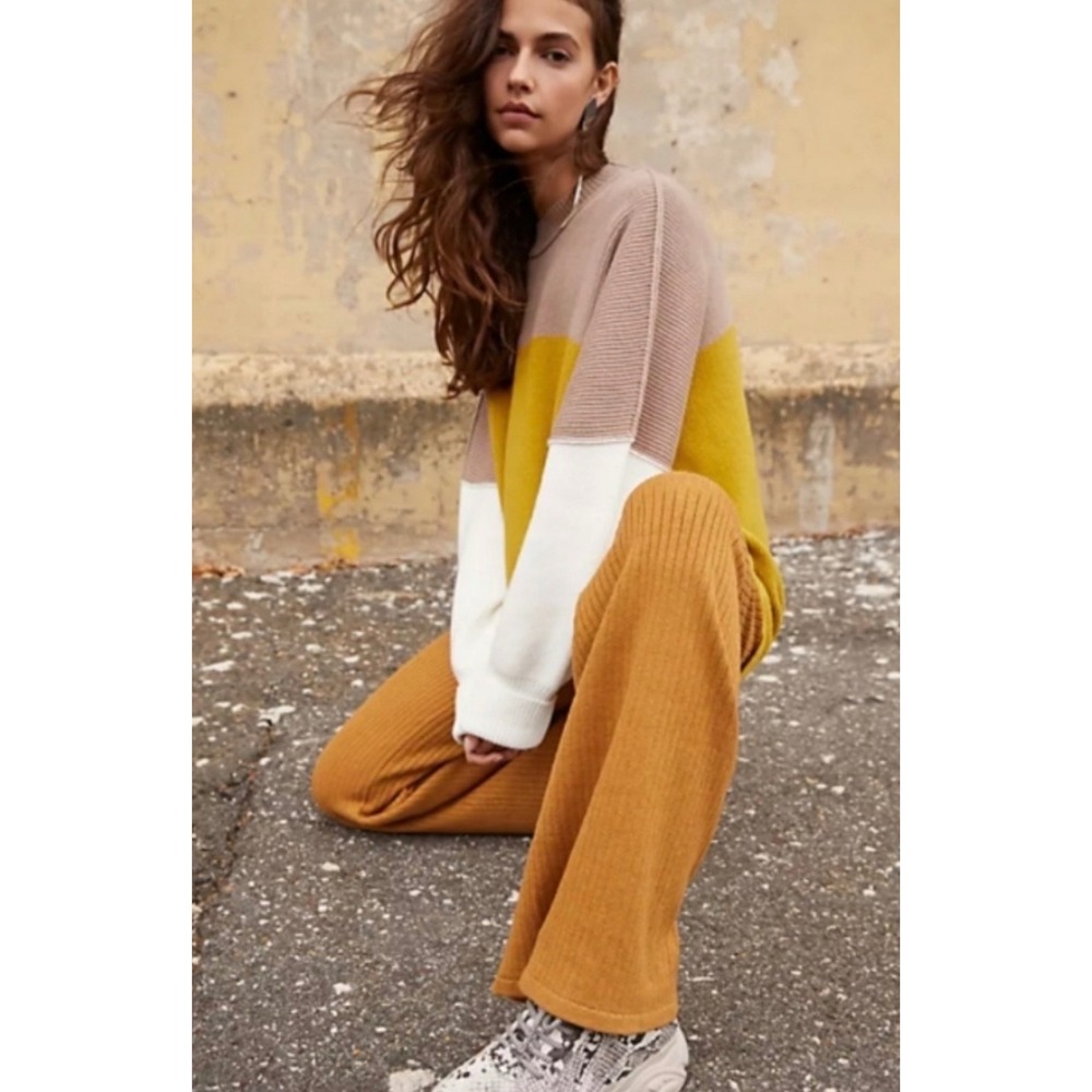 Free People Easy Street Colorblock Sweater Oversized Ribbed Knit Yellow Tan M/L
